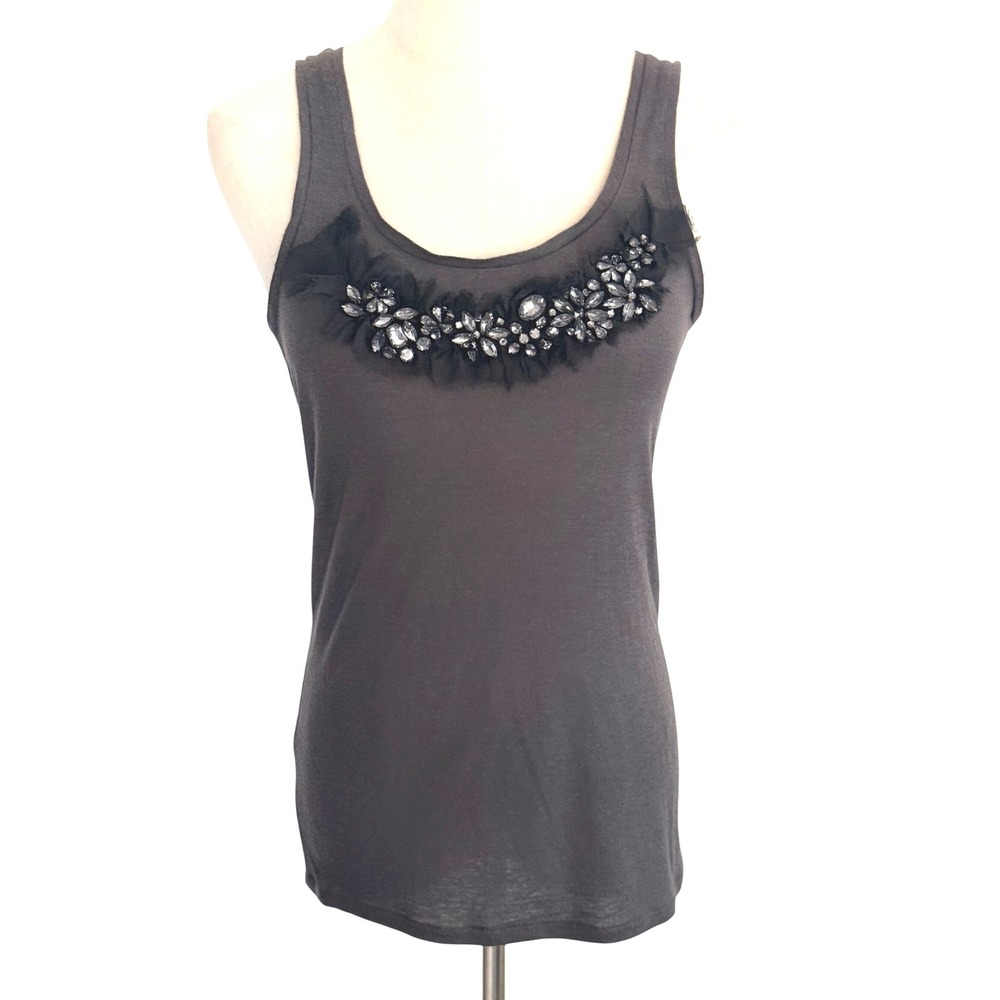 J.Crew Embellished Beaded Tank Top Charcoal Grey XS Wool Blend Silk Trim